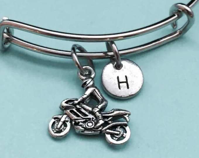 Motorcycle bangle, motorcycle charm bracelet, expandable bangle, charm bangle, personalized bracelet, initial bracelet, monogram