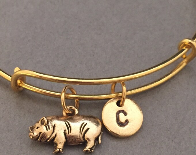 Pot bellied pig bangle, pot bellied pig charm bracelet, expandable bangle, charm bangle, personalized bracelet, initial, monogram