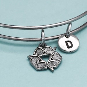 Recycle symbol bangle, recycle symbol charm bracelet, expandable bangle, charm bangle, personalize bracelet, initial bracelet, monogram