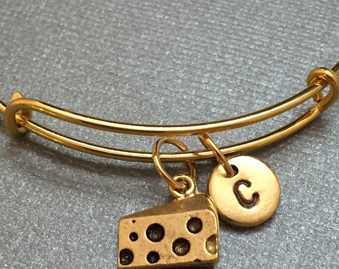 Cheese bangle, cheese charm bracelet, expandable bangle, charm bangle, personalized bracelet, initial bracelet, monogram