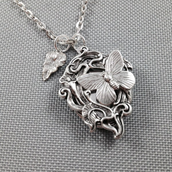 Locket necklace, butterfly locket, silver locket, antique locket, photo locket