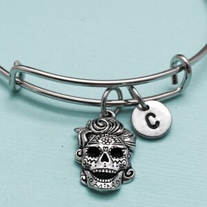 Sugar skull bangle, sugar skull charm bracelet, expandable bangle, charm bangle, personalized bracelet, initial bracelet, monogram