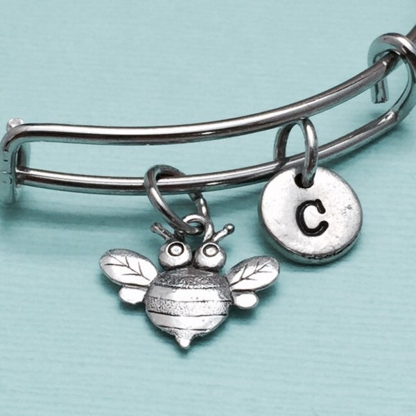 Bee bangle bracelet, bumble bee bracelet, bee charm bracelet, personalized bracelet, initial bracelet, bangle bracelet, silver bracelet