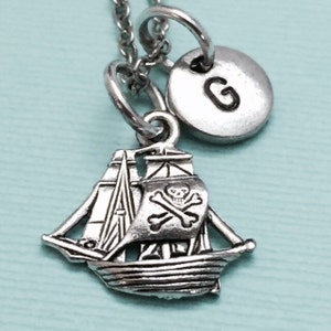 Pirate ship charm necklace, pirate necklace, pirate jewelry, ship necklace, ship jewelry, ocean necklace, personalized necklace, initial