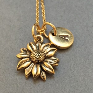 Sunflower necklace, sunflower charm, flower necklace, personalized necklace, initial necklace, initial charm, monogram