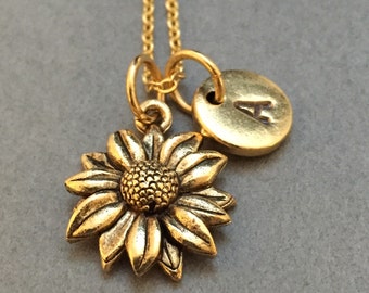 Sunflower necklace, sunflower charm, flower necklace, personalized necklace, initial necklace, initial charm, monogram