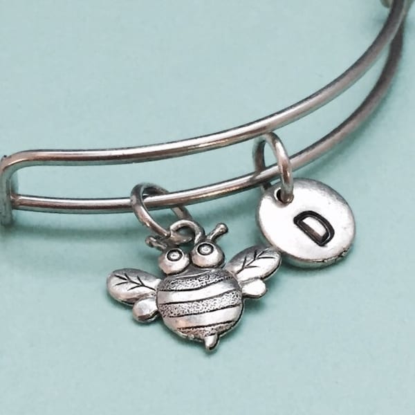 Bee bangle, bee bracelet, bee charm, personalized bracelet, expandable bangle, charm bangle, initial bracelet, monogram, bumblebee