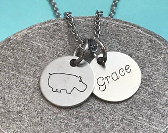 Hippo necklace, hippopotamus necklace, animal lover hippo, custom name necklace, hippo jewelry, personalized name gift, hippo gift pet