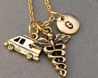 EMS necklace, EMS charm, medical necklace, personalized necklace, initial necklace, initial charm, monogram, ambulance charm