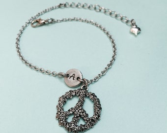 Peace sign charm bracelet, peace sign charm, adjustable bracelet, charm bracelet, personalized bracelet, initial bracelet, monogram