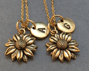 Best friend necklace, sunflower necklace, flower necklace, bff necklace, sister, friendship jewelry, personalized, initial, monogram