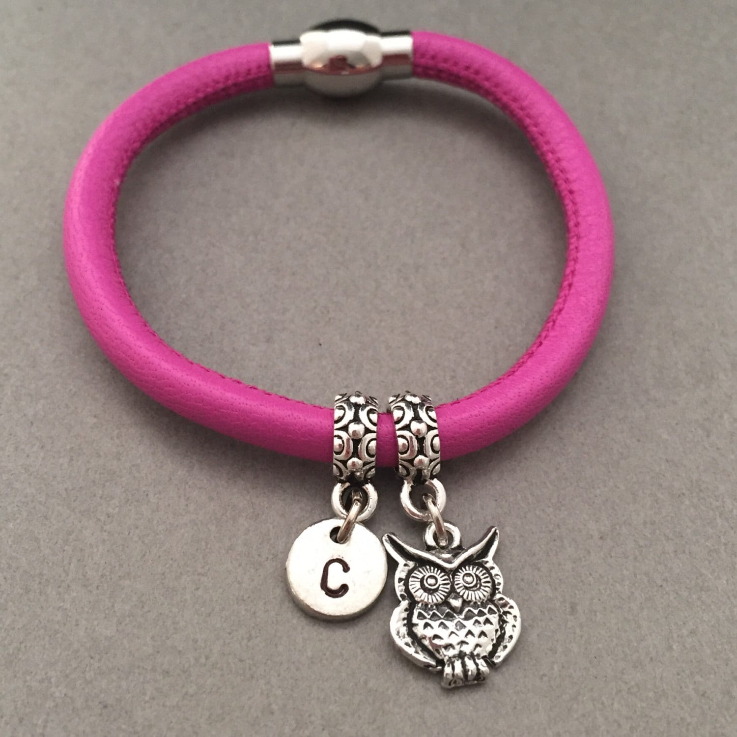 Owl leather bracelet, owl charm bracelet, leather bangle, personalized bracelet, initial bracelet, m