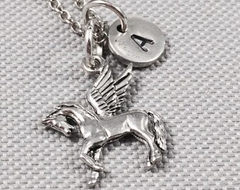 Pegasus charm necklace, pegasus charm, winged horse, flying horse, horse necklace, personalize necklace, initial charm, monogram
