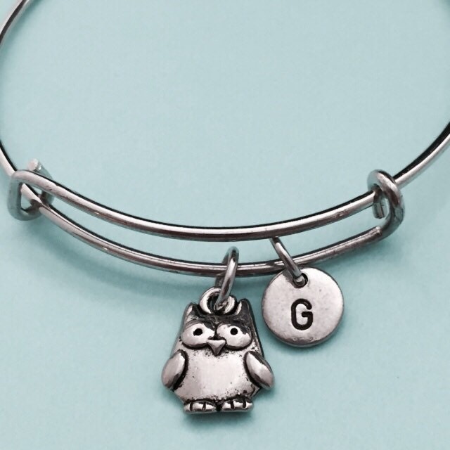 Owl bangle, owl charm bracelet, expandable bangle, charm bangle, personalized bracelet, initial brac