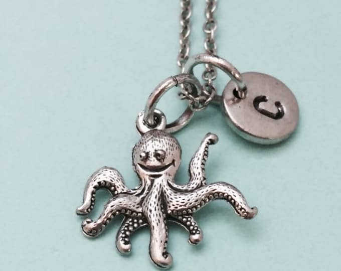 Octopus necklace, octopus charm, sea animal, personalized necklace, initial necklace, initial charm, monogram