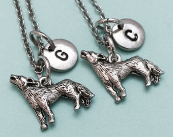 Best friend necklace, wolf charm necklace, bff necklace, friendship jewelry, sister necklace, friends, personalized, initial, monogram, wolf