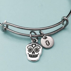Sugat skull bangle, sugar skull charm bracelet, expandable bangle, charm bangle, personalized bracelet, initial, monogram