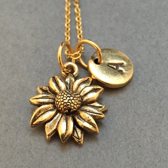 Sunflower necklace, sunflower charm, flower necklace, personalized  necklace, initial necklace, initial charm, monogram