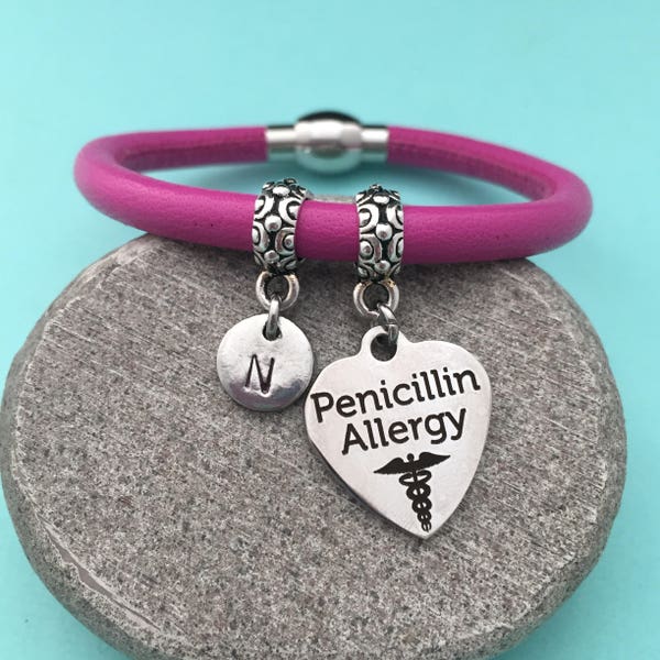 Penicillin allergy leather bracelet, penicillin allergy charm bracelet, leather bangle, personalized bracelet, initial, monogram