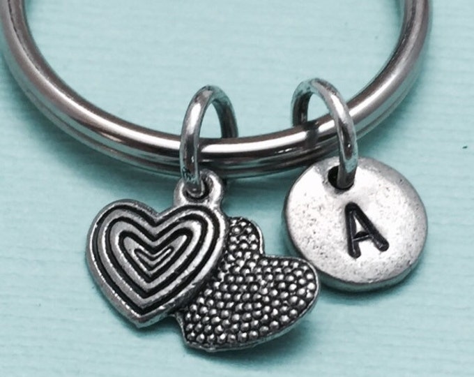Two hearts keychain, two hearts charm, love keychain, personalized keychain, initial keychain, initial charm, customized, monogram
