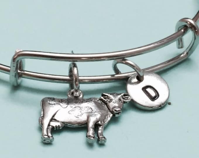 Cow bangle, cow charm bracelet, expandable bangle, charm bangle, personalized bracelet, initial bracelet, monogram