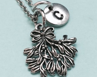 Mistletoe necklace, mistletoe charm, Christmas necklace, personalized necklace, initial necklace, initial charm, monogram
