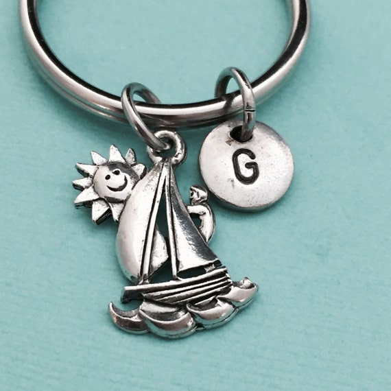 initial keychain sailboat charm customized keychain boat keychain initial charm monogram personalized keychain Sailboat keychain