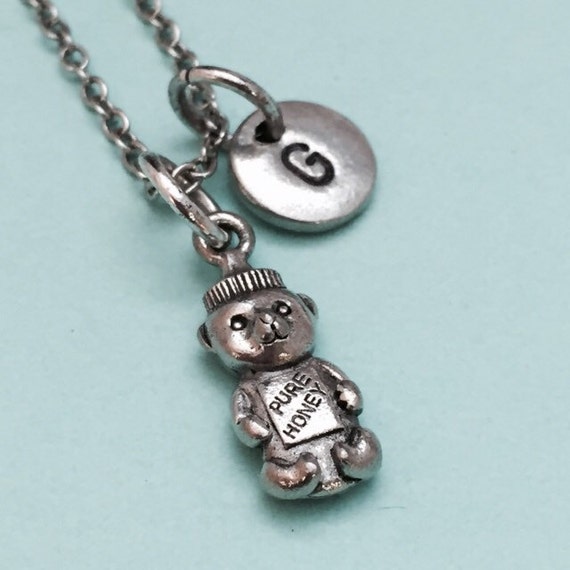 Honey bear necklace, honey necklace, honey charm, pure honey, personalized necklace, initial necklace, monogram, bear charm, initial charm