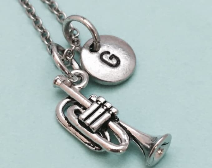 Trumpet necklace, trumpet charm, instrument, musician, music charm, personalized necklace, initial charm, monogram