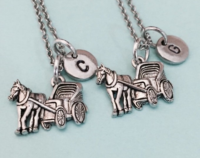 Best friend necklace, horse and carriage, horse charm, bff necklace, friendship jewelry, sister, friends, personalized necklace, initial