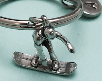 Snowboarder keychain, snowboarder charm, sports keychain, personalized keychain, initial keychain, initial charm, customized, monogram