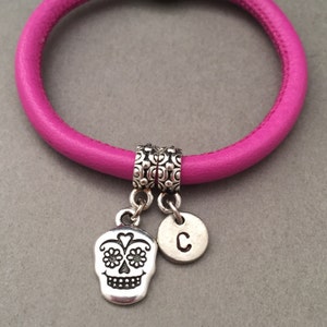 Sugar skull leather bracelet, sugar skull charm bracelet, leather bangle, personalized bracelet, initial bracelet, monogram