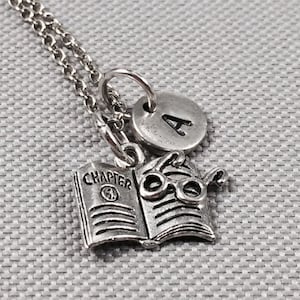 Book charm necklace, reading book, book charm jewelry, book necklace, personalize necklace, initial charm, monogram