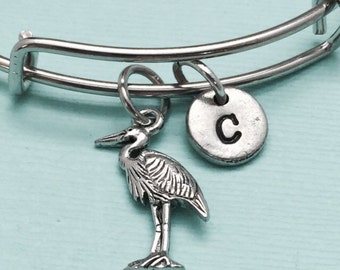 Heron bangle, heron charm bracelet, expandable bangle, charm bangle, personalized bracelet, initial bracelet, monogram