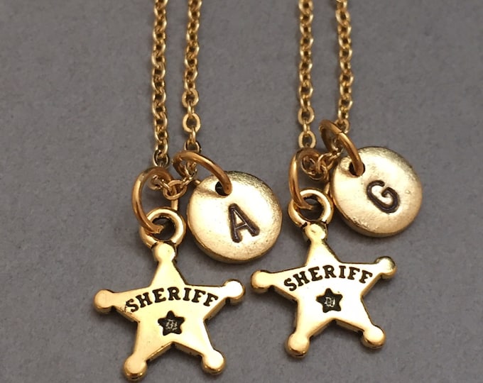 Best friend necklace, sheriff necklace, sheriff charm, bff necklace, sister, friendship jewelry, personalized necklace, initial, monogram