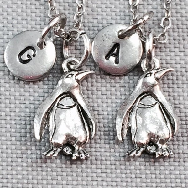 Best friend necklace, penguin necklace, personalized necklace, friendship necklace, animal necklace, bff necklace, sister necklace, initial