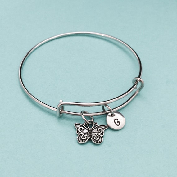 Butterfly Bangle Butterfly Charm Bracelet Expandable Bangle Charm Bangle Personalized Bracelet Initial Bracelet Monogram Etsy UK