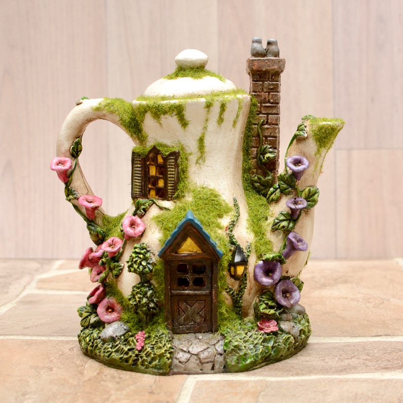 Teapot Fairy House With Solar Powered Lights Etsy
