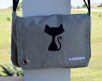 Messenger Bag Gray, Cat bag, Gray cross body purse, sling bag, medium messenger bag, cat lover, Hungry Rhino Studios, screen print