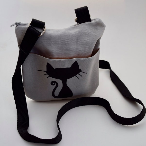 Cat bag, Small Cross Body Gray Cat Purse, Mini cross body cat purse, screen print, Cat purse, everyday bag, Hungry Rhino Studio, cat lover