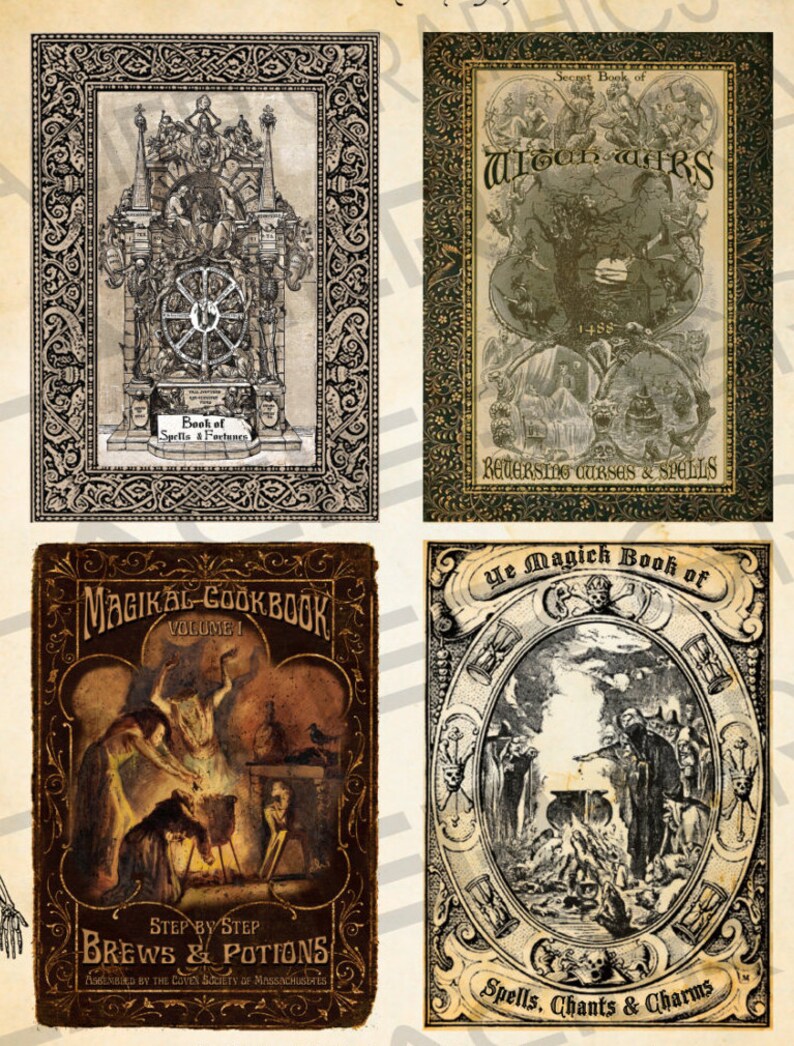 Halloween Witch Spell Book Covers ATC Cards Digital Download Etsy