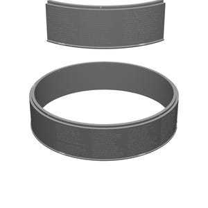May include: Two gray, curved, ring-shaped objects. The larger ring is complete, while the smaller one is a segment. Both have text around their outer surfaces. The objects appear to be made of a solid, matte material.