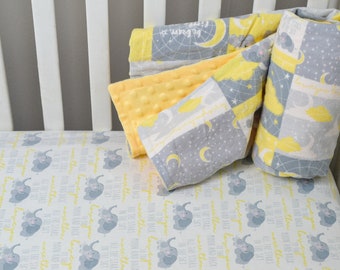 yellow and gray elephant baby bedding