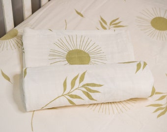 Natural Leaves and Suns Swaddle Blanket, Boho Inspired Nursery, Boho Baby Bedding, Muslin Swaddle Blanket, Sun Baby Blanket, Baby Swaddle