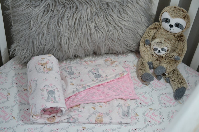 Floral Baby Bedding Set Baby Girl Crib Bedding Pink and Gray Woodland Baby Bedding Set Fitted Crib Sheet Blanket Set Forest Baby Bedding