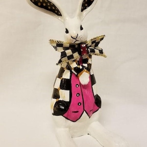 White Rabbit, Alice In Wonderland White Rabbit, Easter Rabbit, Hand Painted Rabbit, Whimsical Black and White Check Jacket Rabbit, Spring