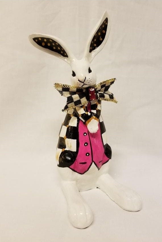 White Rabbit, Alice In Wonderland White Rabbit, Easter Rabbit, Hand Painted Rabbit, Whimsical Black and White Check Jacket Rabbit, Spring