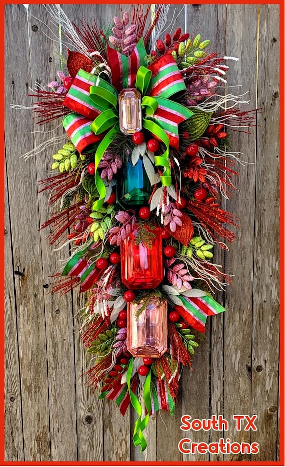 Red Green Pink Christmas Wreath, Jewel Christmas Wreath,Holiday Wreath, Candy Wreath, Elegant Christmas, Whimsical Wreath, Front Door Wreath
