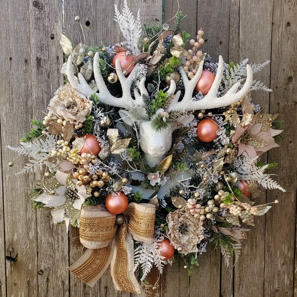 Corona de Navidad, corona de ciervos, corona de ciervo de oro rosa, corona de invierno, corona de ciervo elegante, decoración de la puerta de Navidad, corona de reno