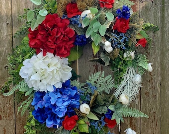 Patriotic Wreath, Hydrangea Wreath,Everyday Wreath, Fourth of July Wreath, Summer Wreath,Hydrangea Decor, Grapevine Wreath,Front Door Wreath